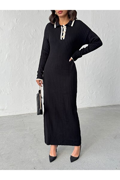 BEJNA Women's Stylish Buttoned Polo Neck Long Knit Dress