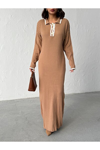BEJNA Γυναικείο κομψό μακρύ πλεκτό φόρεμα με γιακά πόλο με κουμπιά
