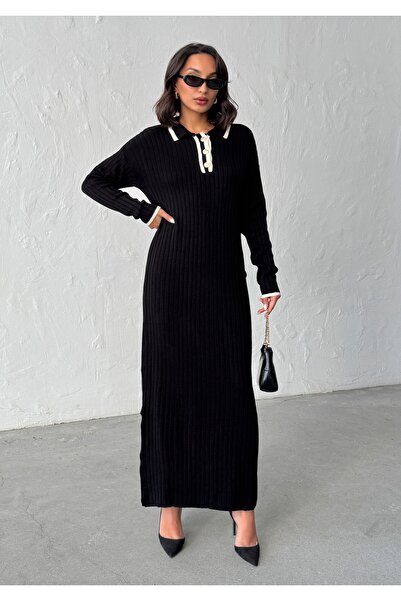 BEJNA Women's Stylish Buttoned Polo Neck Long Knit Dress