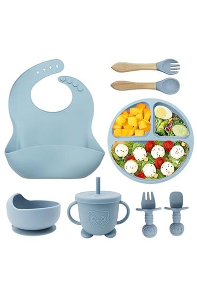Xess 8 Pcs Silicone Baby Feeding Set, Baby Led Weaning Supplies with Suction Bowl Divided Plate, Self F