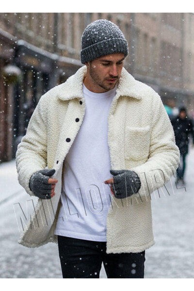 Millionaire Ανδρικό εκρού λευκό μαλλί αρνιού από ψεύτικη μαλλία βελούδινο πουκάμισο με γιακά μοντέλο με κουμπιά Ζακέτα Παλτό Φούτερ Φλις