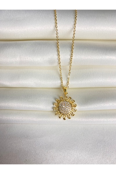 Furtek Aksesuar Women's Sun Model Steel Gold Necklace Daily Gift Minimal Zircon Stone Minimal