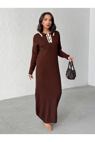 BEJNA Γυναικείο κομψό μακρύ πλεκτό φόρεμα με γιακά πόλο με κουμπιά