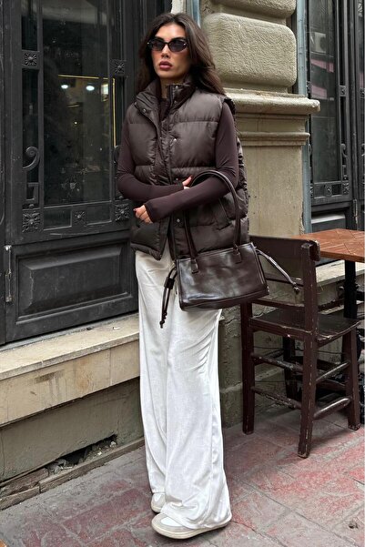 Madmext Brown Mock Neck Lined Women's Puffer Vest Mg2592