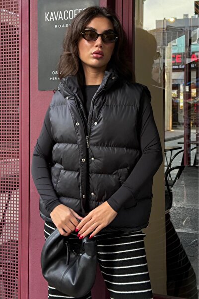 Madmext Black Mock Neck Lined Women's Puffer Vest Mg2592