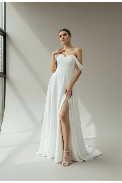 ENDAMIM Wedding Engagement Evening Outing Dress Draped Low Sleeve Chiffon Dress