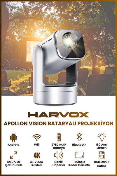 HARVOX Apollon Vision Bataryalı Projeksiyon Cihazı Taşınabilir 4K Destekli 1080P Android Sistemli Projektör