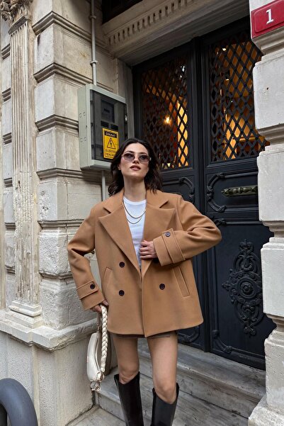 mylove معطف قصير فاخر بأزرار على الجهتين باللون البني