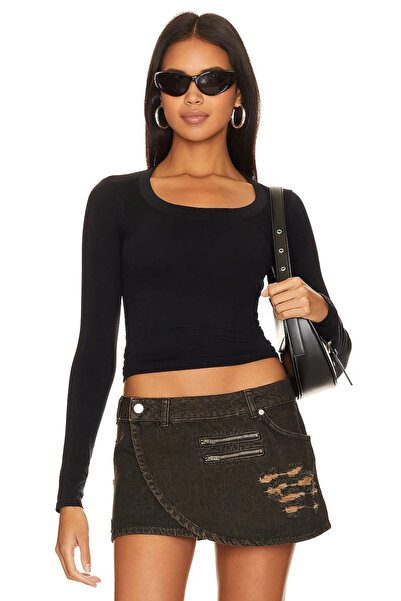 MetuCA Women's Black Double Layer Sandy Fabric U Neck Long Sleeve Crop Blouse