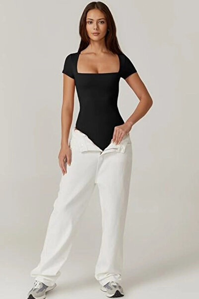 MetuCA Women's Black Double Layered Sandy Fabric Square Neck Short Sleeve Sna...