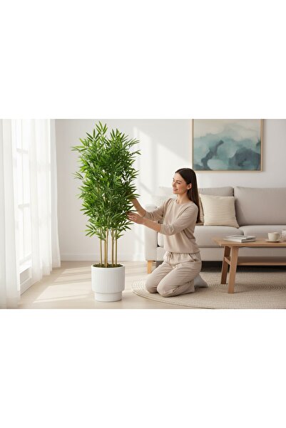 ERHAN FLOWERS Yapay bambu ağaç 170 cm 6 dallı yogun yaprak vega beyaz saksı