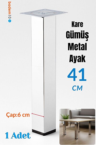 Badem10 Kare Tablalı 41 cm Krom Gümüş 6 cm Çap Metal Sehpa Masa Ayağı Mobilya...