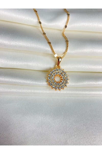 Furtek Aksesuar Women's Double Row Zircon Stone Ring Necklace Steel Plated Rose Gold Minimal Model