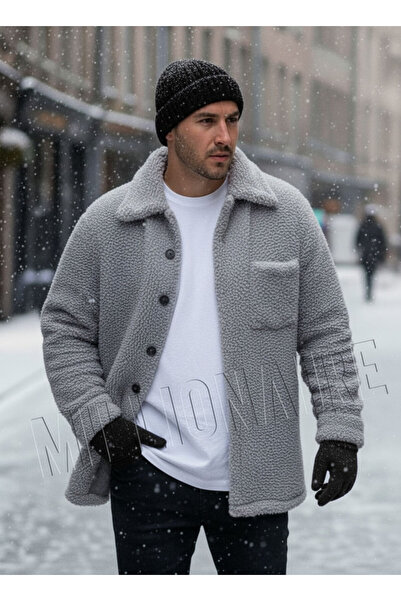 Millionaire Men's Gray Faux Lamb Fur Plush Shirt Collar Model Buttoned Jacket Cardigan Coat Sweatshirt Fleece