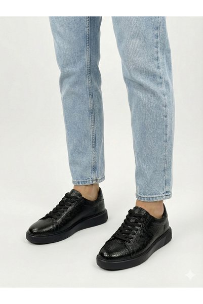 NYZ Black Genuine Leather Lace-Up Sneaker Shoes