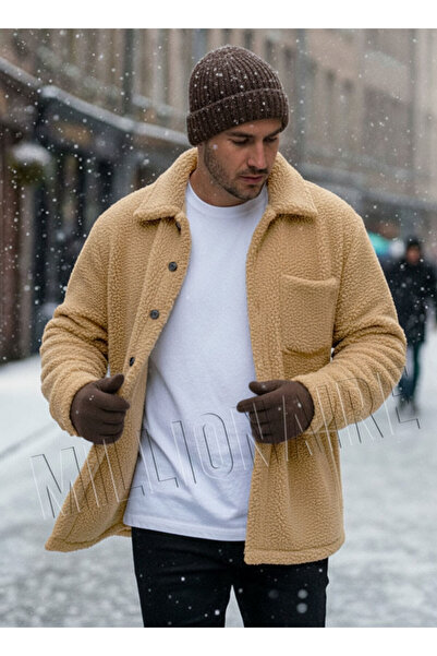 Millionaire Men's Camel Faux Lamb Fur Plush Shirt Collar Model Buttoned Jacket Cardigan Coat Sweatshirt Fleece