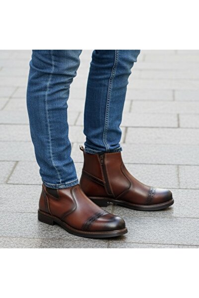 ROM Men's brown leather boots with elastic and zipper (sizes 39-44)