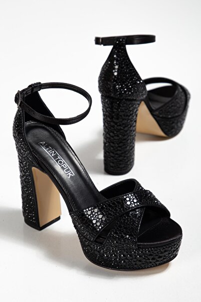ALTIN TOPUK Black Stone Platform Heeled Evening Dress Shoes