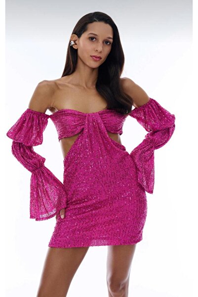 Quzu Flame Sequined Cut Out Detailed Evening & Party & New Year & after Dress