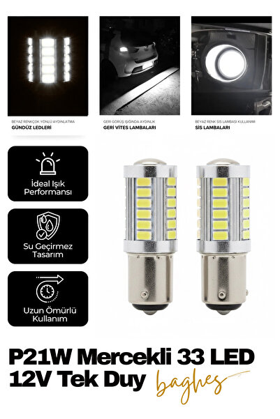 Baghes P21w Mercekli Led 93 Sinyal Stop Ampul 33 Led 12v Tek Duy Düz Tırnak B...