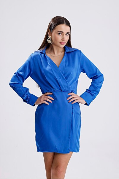 VELİZADE Kadın Mavi Saten Gömlek Yaka Kruvaze Anvelop Uzun Kollu Mini Elbise