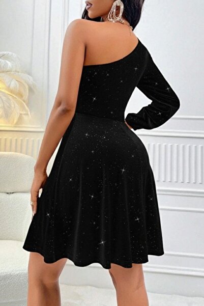 Mossta Μίνι φόρεμα με μακρύ μανίκι με έναν ώμο - Μαύρο