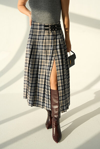 LOOSH Kadın Lacivert Ekose Desenli Kemer Detaylı Yırtmaçlı Etek