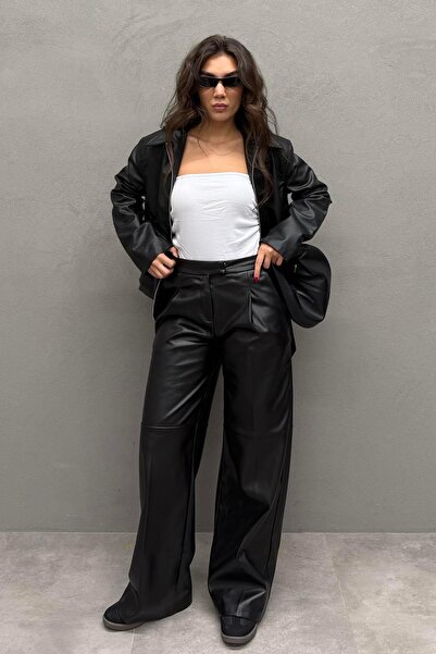 Madmext Black Pensli Palazzo Women's Leather Trousers Mg2612