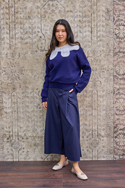 KÜÇÜĞÜM BUTİK Πλισέ παντελόνι από πολυβισκόνη σε μπλε ναυτικό χρώμα