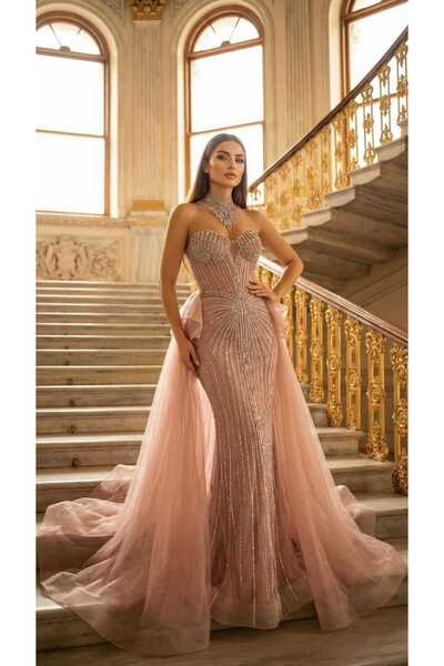 Hanımefendi Giyim Kristal İşlemeli Tül Pelerinli Balık Abiye Elbise