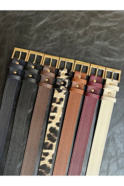 LİA KEMER 7-Piece Lyric Square Patterned Women's Gold Buckle Belt Jacket Belt Dress Belt Trouser Belt