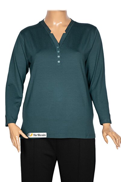 Pıtırcık Cimariva Women's Neval Plus Size V Neck Stone Dark Turquoise Blouse