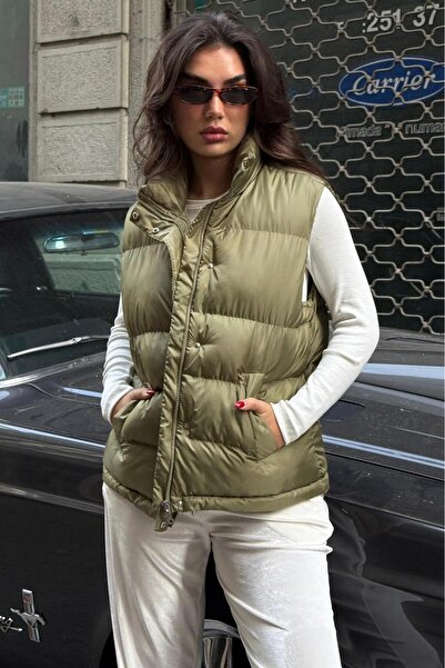 Madmext Green Mock Neck Lined Women's Puffer Vest Mg2592