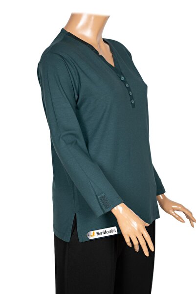 Pıtırcık Cimariva Women's Neval Plus Size V Neck Stone Dark Turquoise Blouse