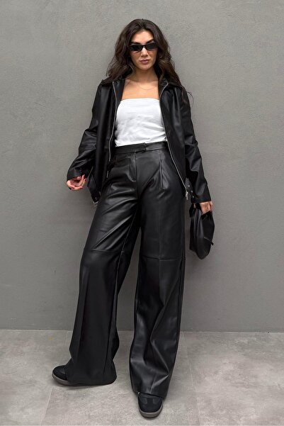 Madmext Black Pensli Palazzo Women's Leather Trousers Mg2612