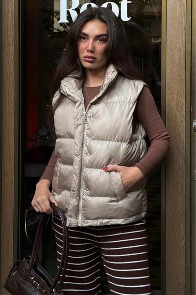 Madmext Beige Mock Neck Lined Women's Puffer Vest Mg2592