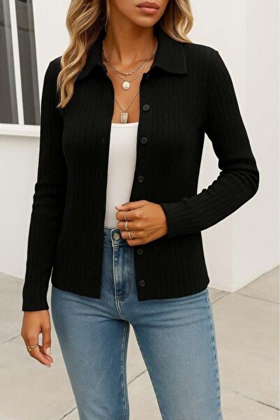 Aymood Women's Long Sleeve Collared Front Buttoned Knitwear Jacket