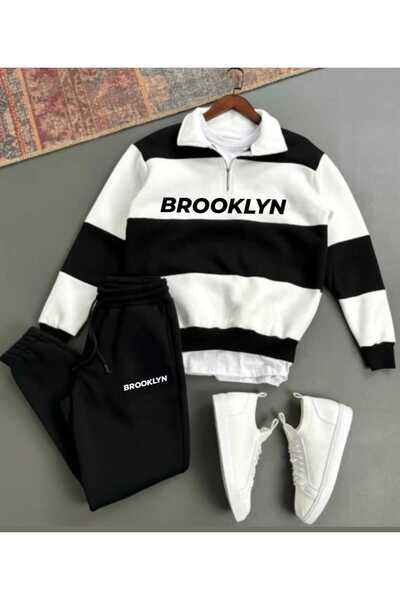 woonkey Brooklyn Striped Tracksuit Set – Half Zip Sweat & Jogger Streetwear Cotton Trendy Model