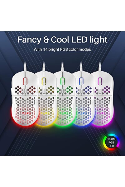 Dierya M1SE Wired Gaming Mouse, Honeycomb Shell, 12800 DPI, 6 Programmable Buttons, RGB (White)