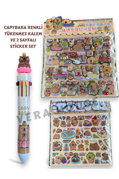VERA HOUSE Capybara Renkli Tükenmez Kalem 2 Sayfa Sticker Set - Capy Bara Sti...