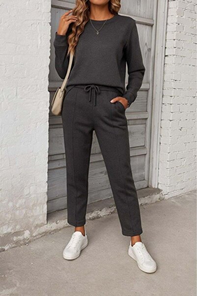 Aymood Women's Long Sleeve Ribbed Side Viscose Two-Piece Set with Two Threads and Pants