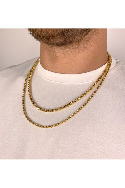 Furtek Aksesuar Unisex 2 Piece Steel Gold Mesh Knitted Chain Necklace Set 3mm - 5mm (53cm - 60cm)