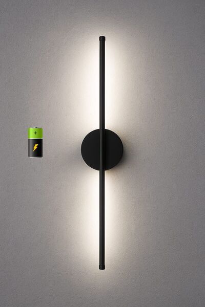 Betül Home Design Modern Premium Kablosuz Pilli BEYAZ IŞIK Led Aplik – Siyah 70cm | Duvar Aplik (Pil Dahil)