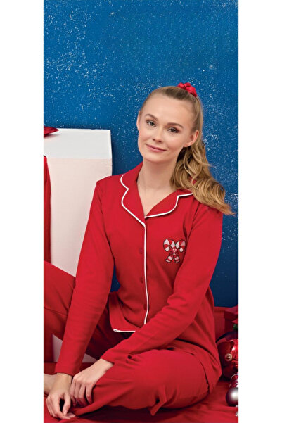 İpek Women's Long Sleeve Front Buttoned 100% Cotton New Year Pajama Set