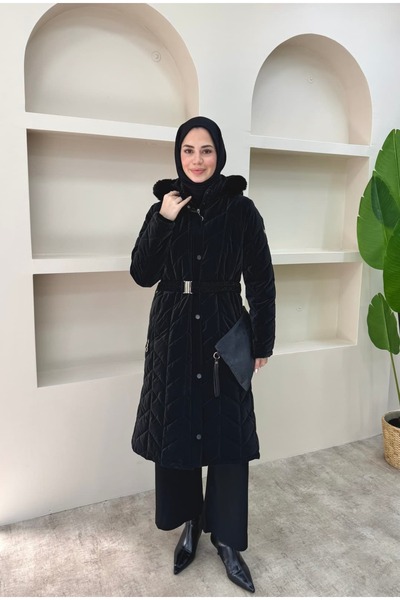 lurex moda Premium Quilted Coat with Fur Collar