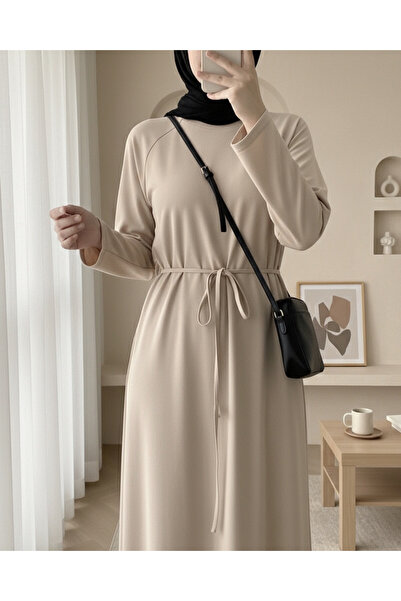 Modamorfo Round Neck Tie-Waist Dress -Beige