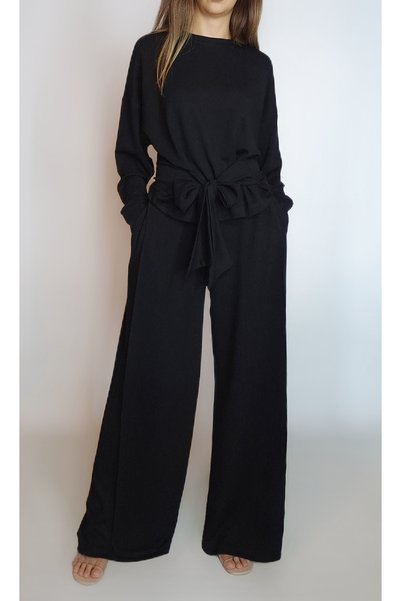 oyagüler Women's Black Waist Tie Detailed Diver Combed Cotton Pants Modal Sui...
