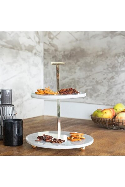 Akayev Marble 25 cm White Gold Beaded Footed Two-Tier Presentation Plate