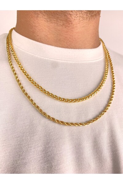 Furtek Aksesuar Unisex 2 Piece Steel Gold Mesh Knitted Chain Necklace Set 3mm - 5mm (53cm - 60cm)