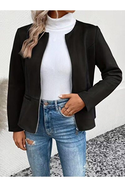 Aymood Women's Long Sleeve Round Neck Front Zipper Suede Jacket